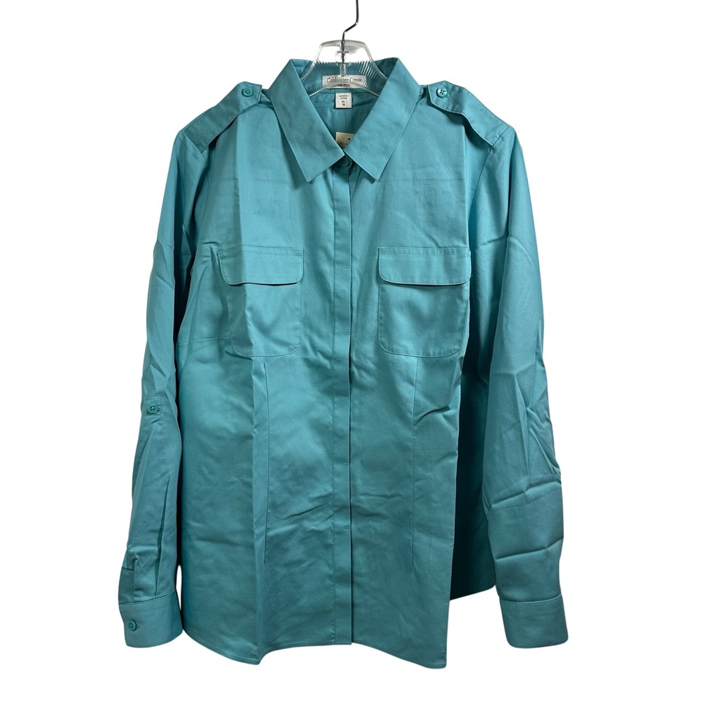 Coldwater Creek Four Star No Iron Teal Utility Shirt XL 16 Roll Tab Sleeve NEW
